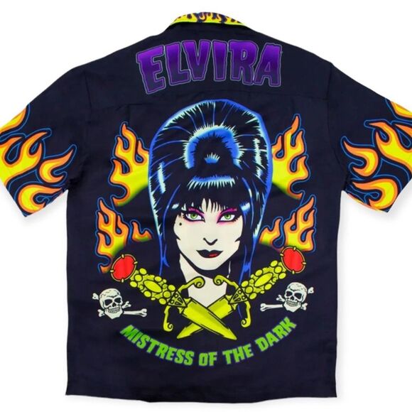 Short Sleeve Graphic Elvira Flames Button Down Hawaiian Shirt - Picture 1 of 3